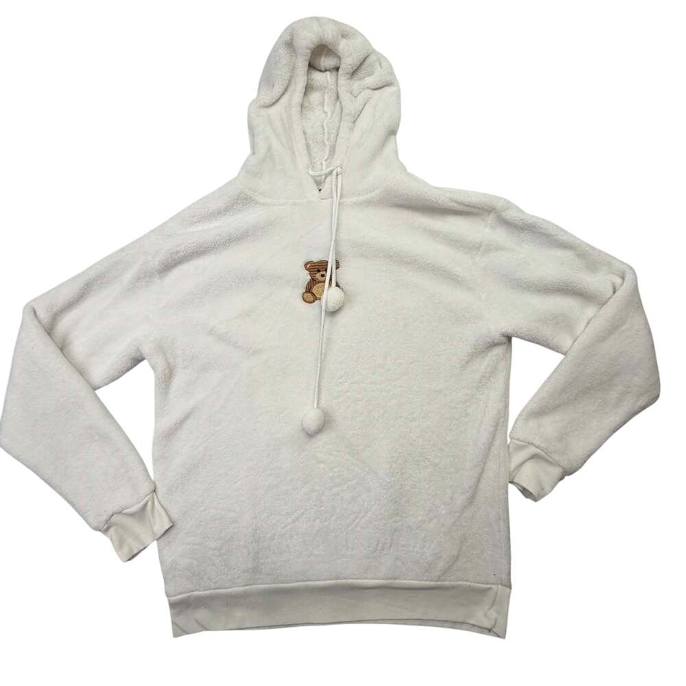 Cold Crush White Fleece Teddy Bear Hoodie with Pompom Drawstrings